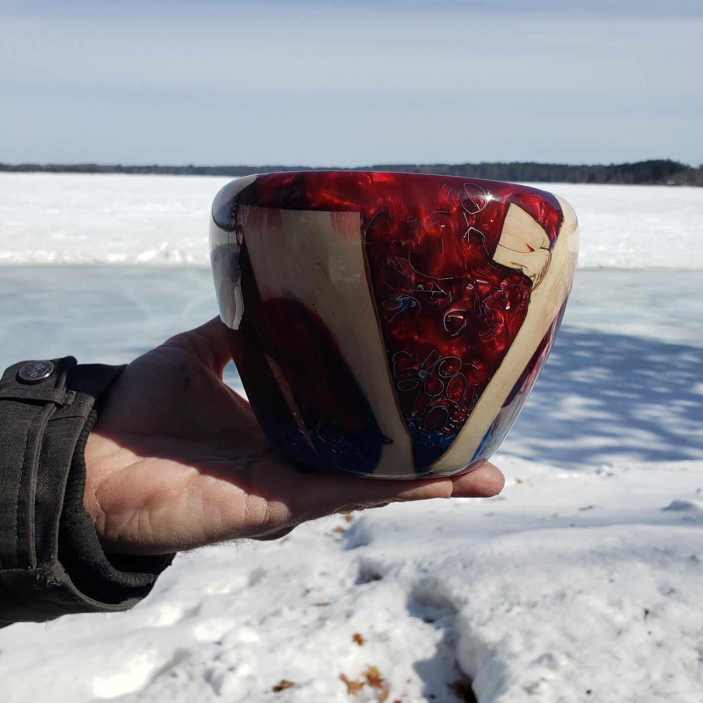 Red, Blue Resin and Silver Chip Bowl | Handmade