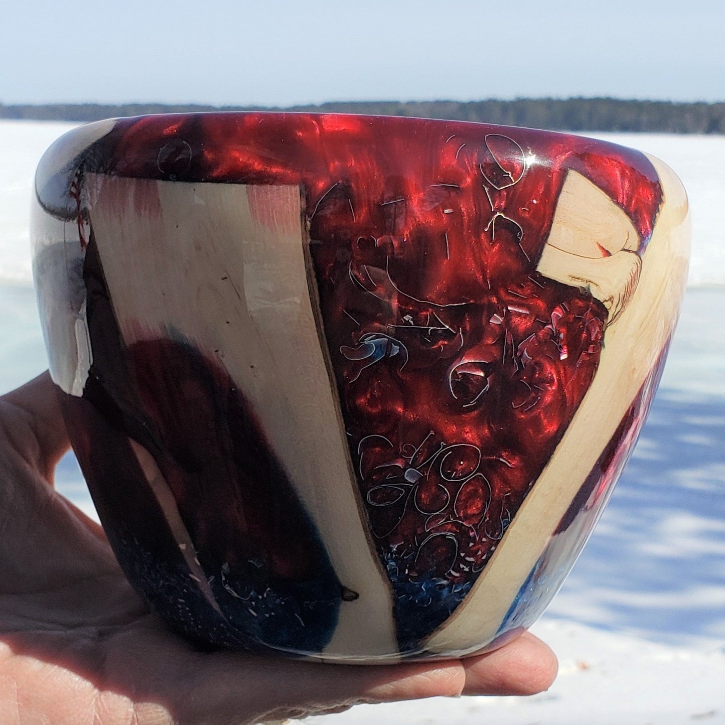 Red, Blue Resin and Silver Chip Bowl | Handmade