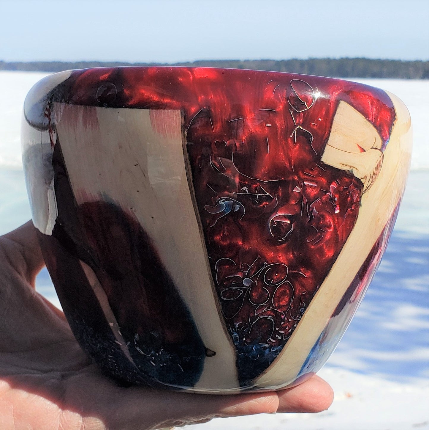 Red, Blue Resin and Silver Chip Bowl | Handmade