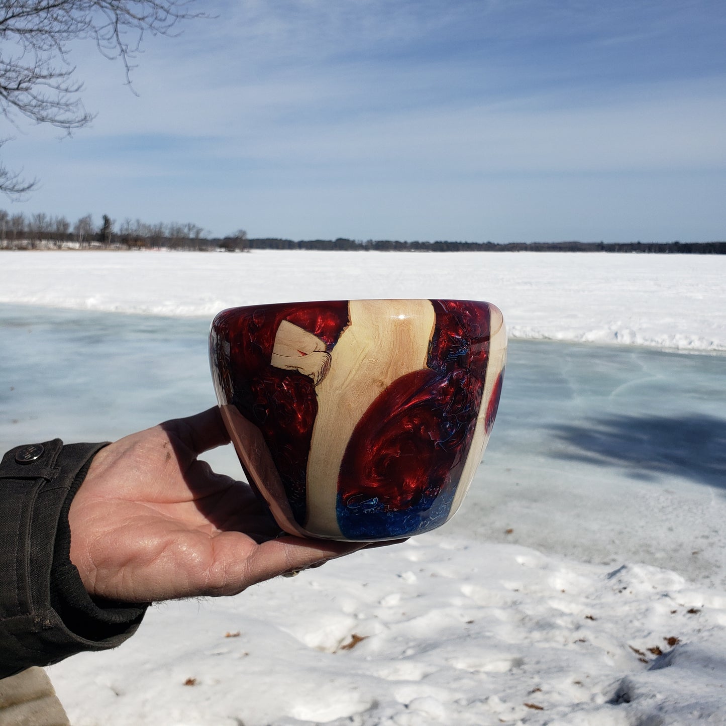 Red, Blue Resin and Silver Chip Bowl | Handmade