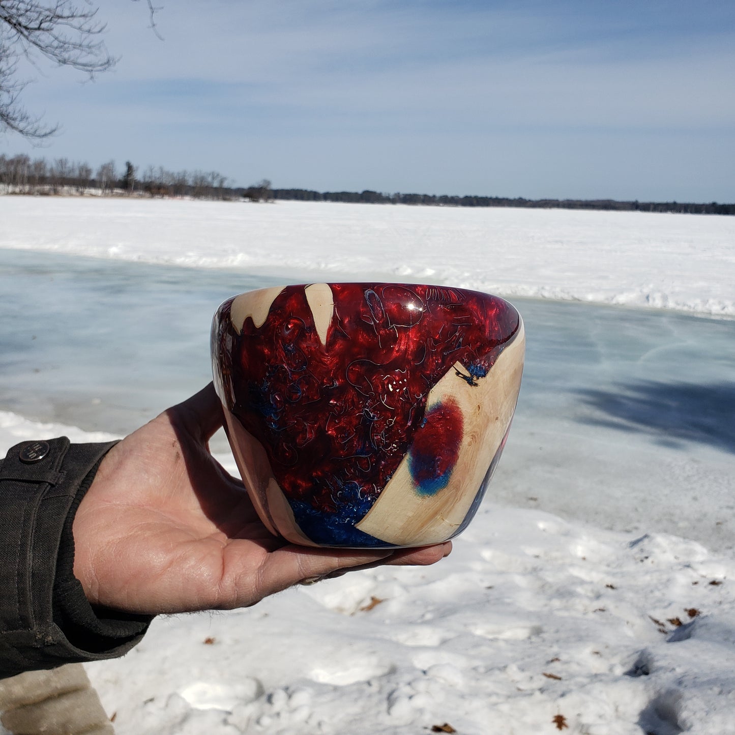 Red, Blue Resin and Silver Chip Bowl | Handmade