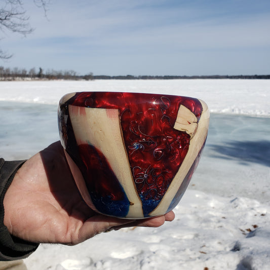 Red, Blue Resin and Silver Chip Bowl | Handmade