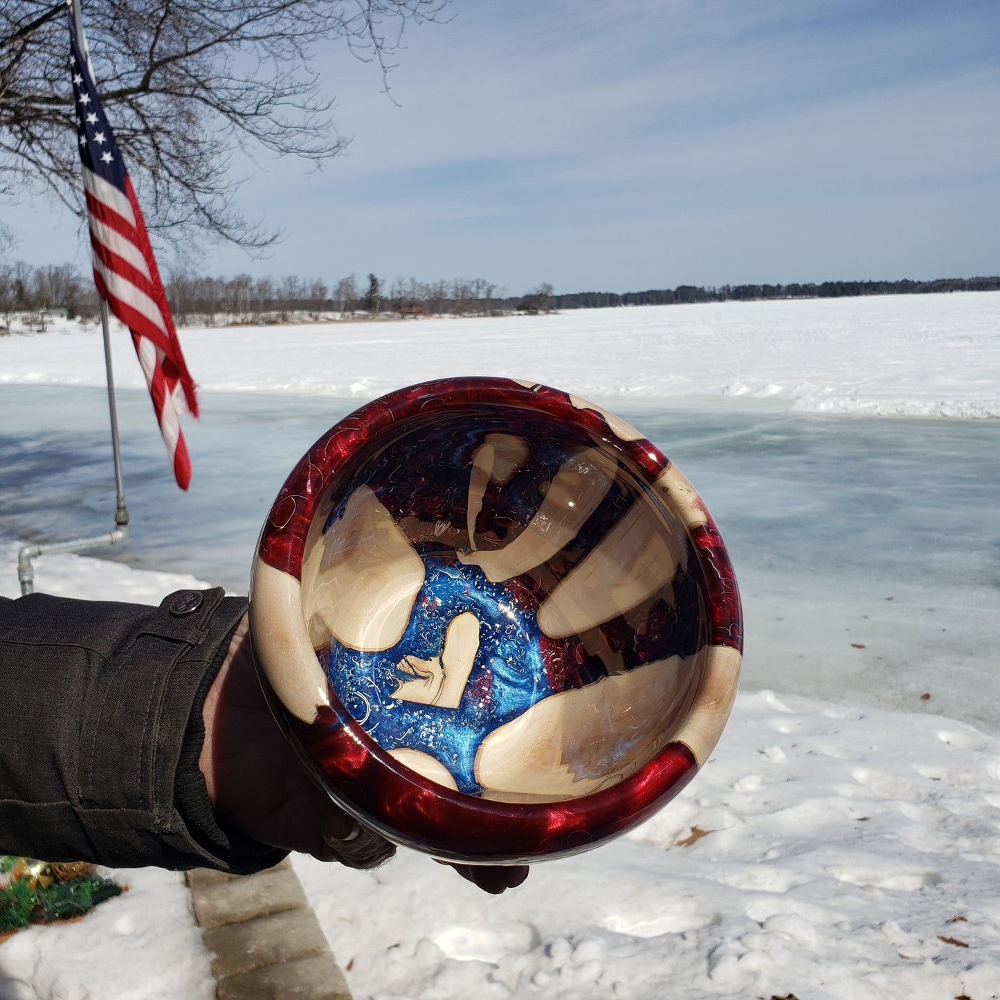 Red, Blue Resin and Silver Chip Bowl | Handmade