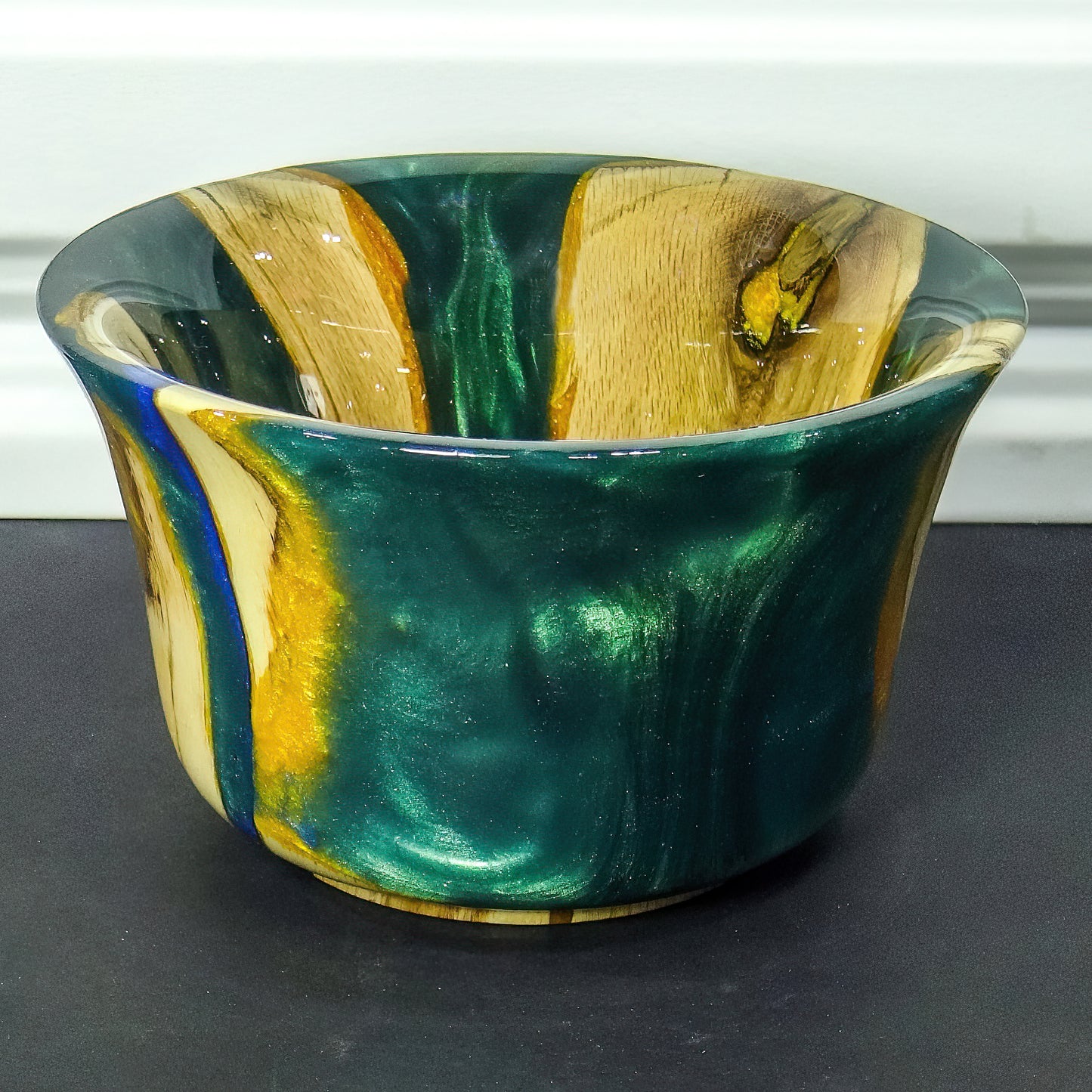 7" Oak Bowl with green and gold resin | Handmade