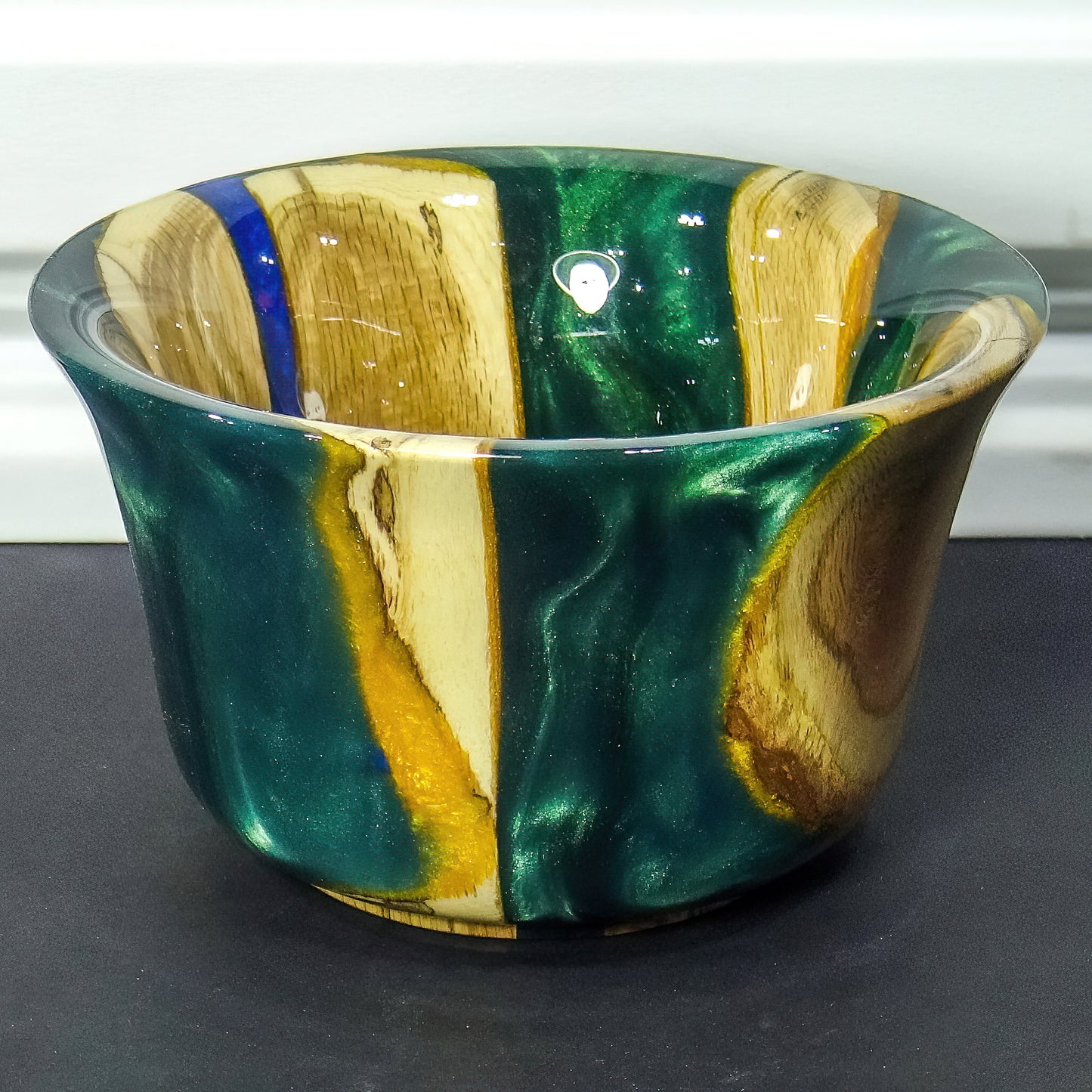 7" Oak Bowl with green and gold resin | Handmade