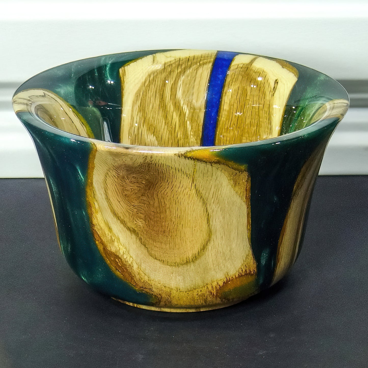 7" Oak Bowl with green and gold resin | Handmade