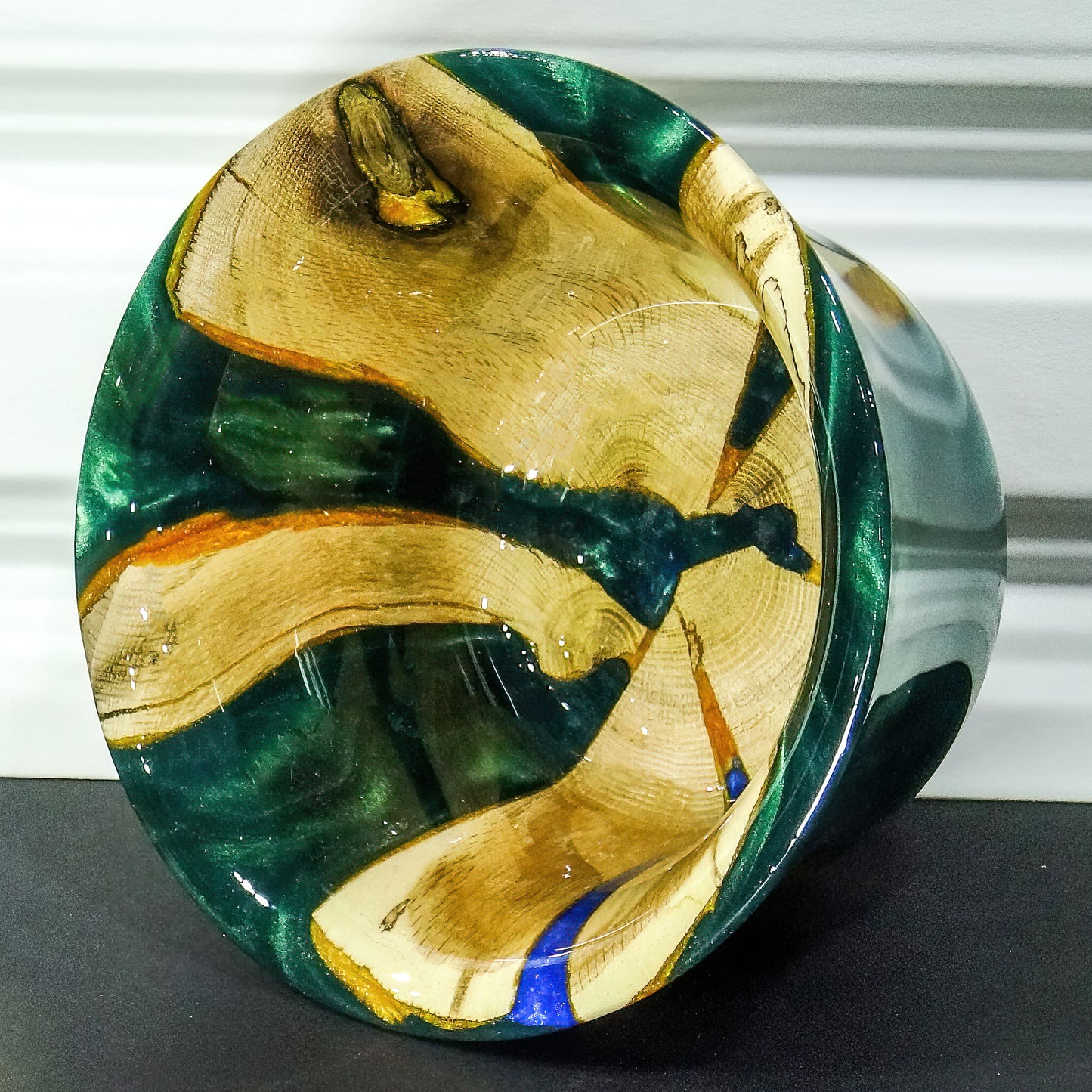 7" Oak Bowl with green and gold resin | Handmade