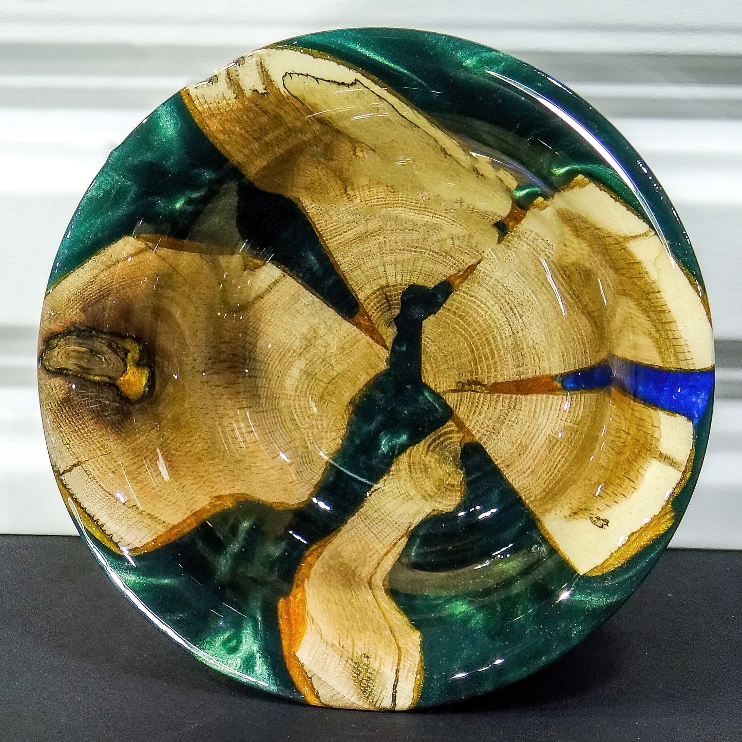 7" Oak Bowl with green and gold resin | Handmade